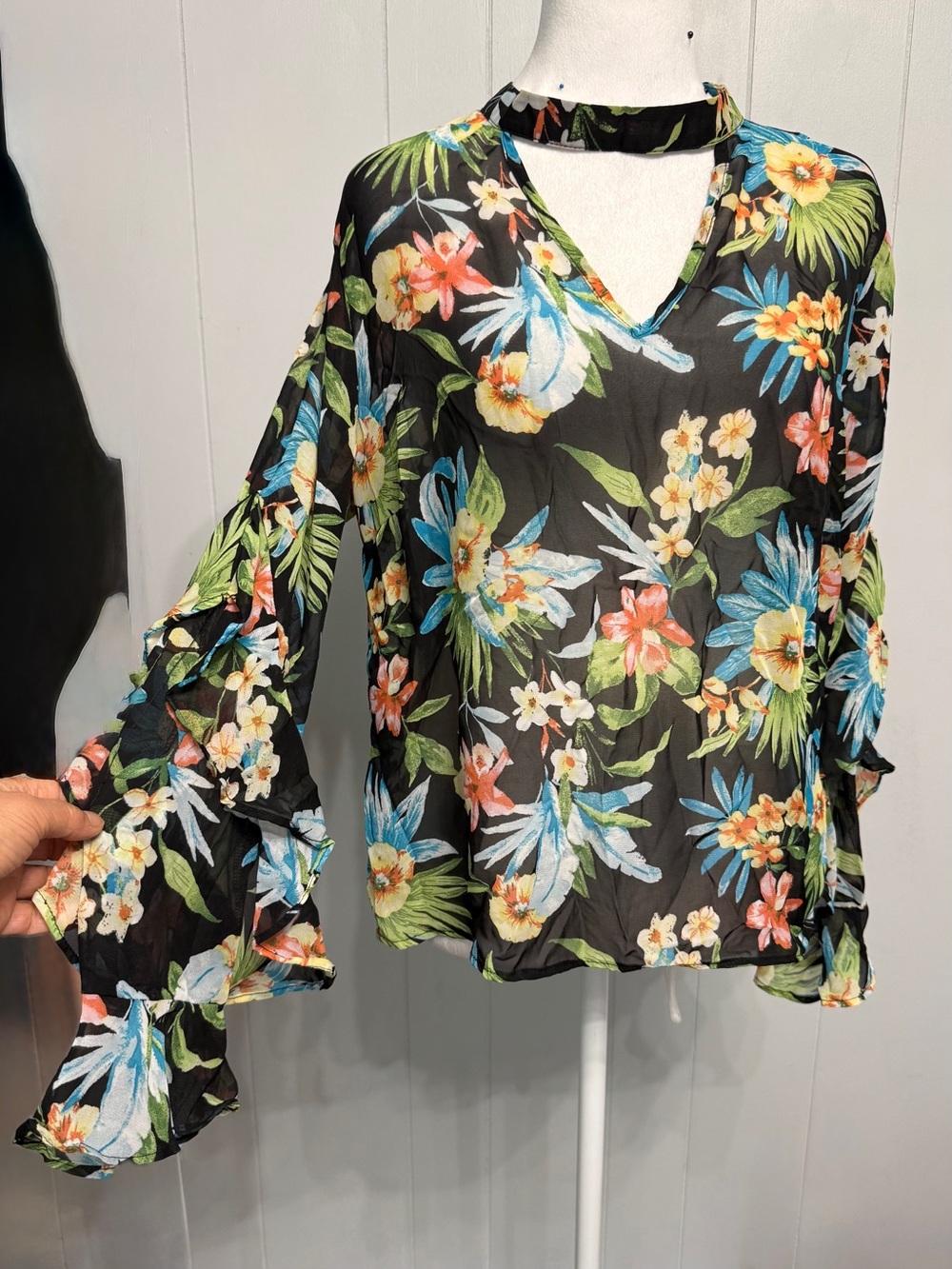 #19) Black Floral V-Neck Chiffon Blouse with Choker Collar